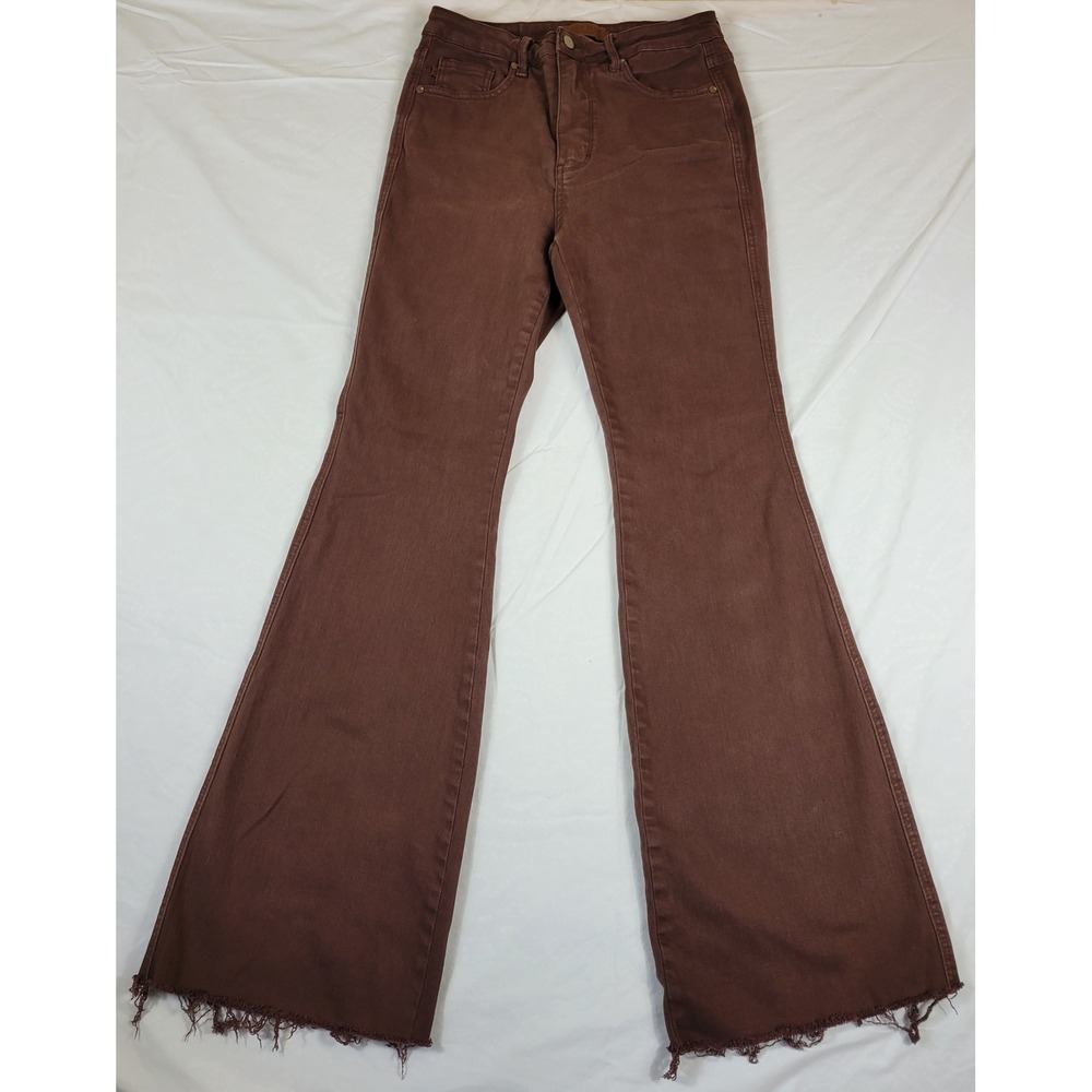 Judy Blue Brown Garment Dyed High Rise Flare Raw Hem Jeans JB88803 C Size 9/29